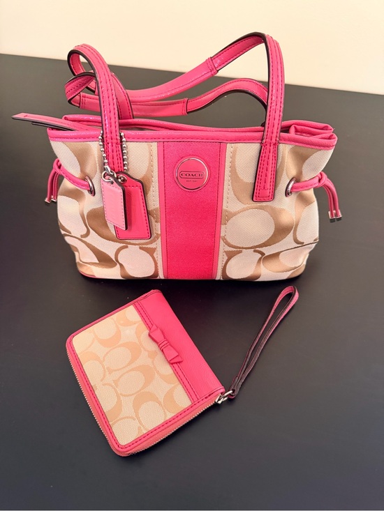 Coach Handbags - Coach Beige Signature Canvas Mini Tote with Hot Pink Trim and Wristlet